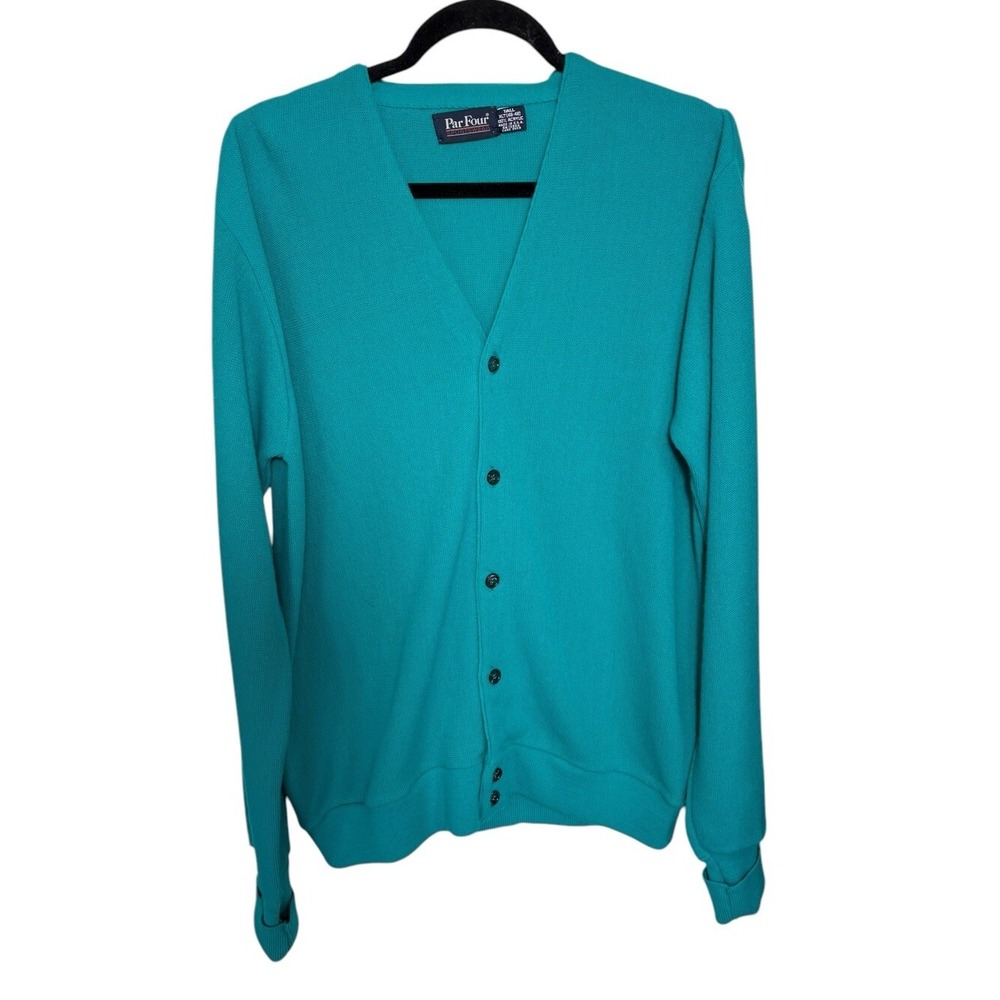 Vintage Par Four‎ Golf Sweater Cardigan Mens Size XL Tall Grandpa Teal